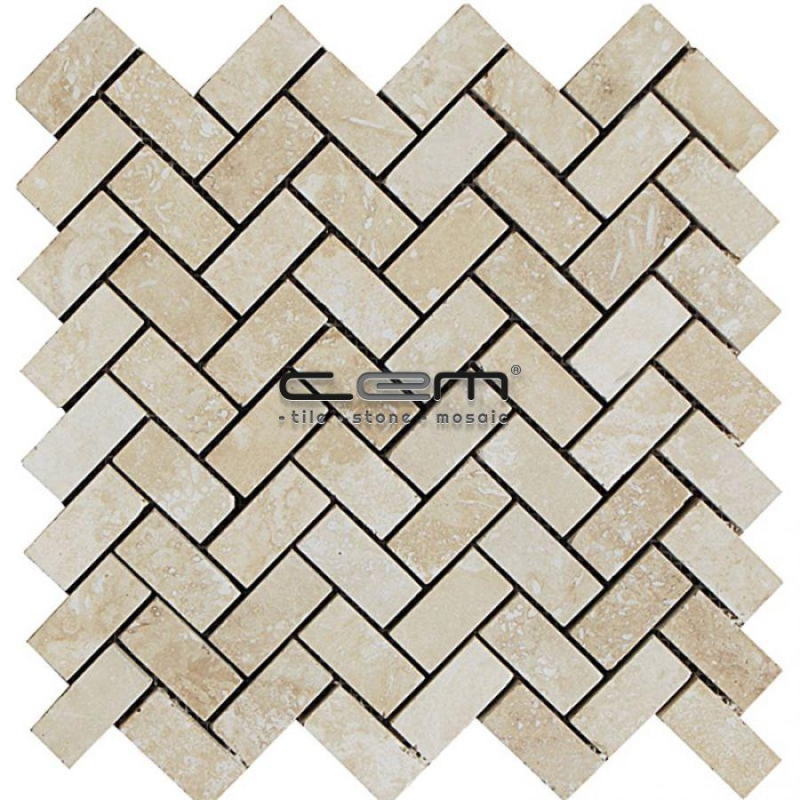 1x2 - 23mmx48mm Ivory Travertine Herringbone Filled Honed Mosaic