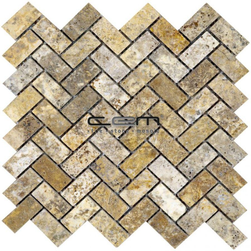 1x2 - 23mmx48mm Scabas Travertine Herringbone Tumbled Mosaic