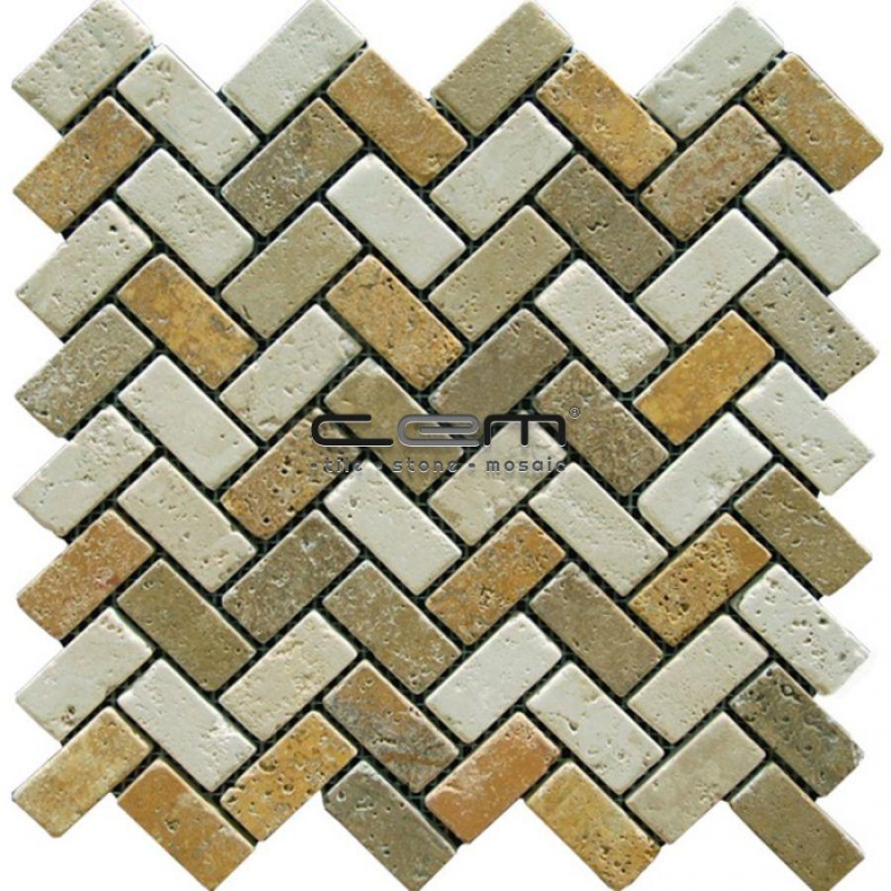 1x2 - 23mmx48mm Multicolor Mix Travertine Herringbone Tumbled Mosaic