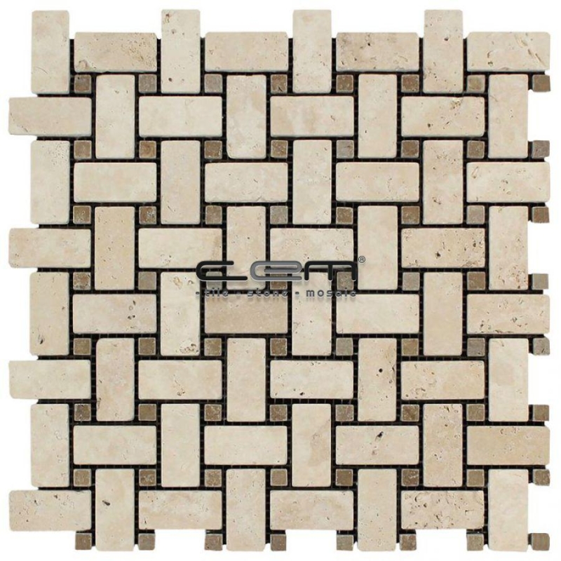 Ivory - Noche Travertine  Basketweave Tumbled Travertine Mosaic