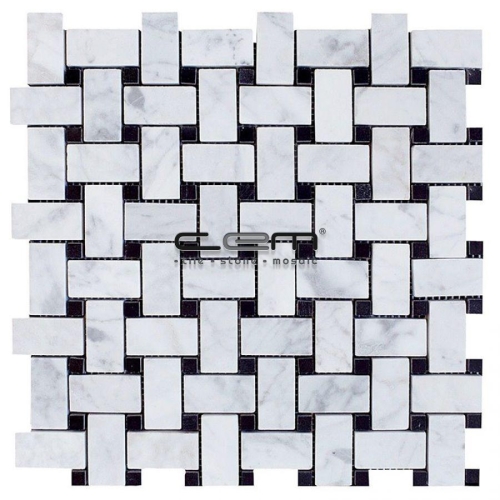 White Carrara - Black Marble Basketweave Polished Mosaic