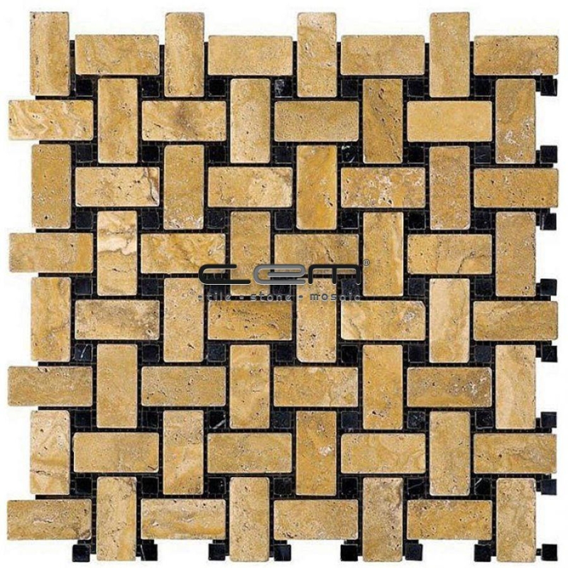 Sarı Traverten Siyah Mermer Basketweave Eskitme Mozaik